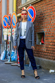 black shoes, blazer, blue pants, checked jacket, fashion week, frenchystyle, full length, FW, graphic jacket, grey jacket, high heels, jonathan paciullo, leather shoes, marta pozan, MFW, MILAN, plaid, printed jacket, printed t shirt, SPRING SUMMER 2018, SS 18, street style, striped pants, sunglasses, trousers, vertical, white t shirt
