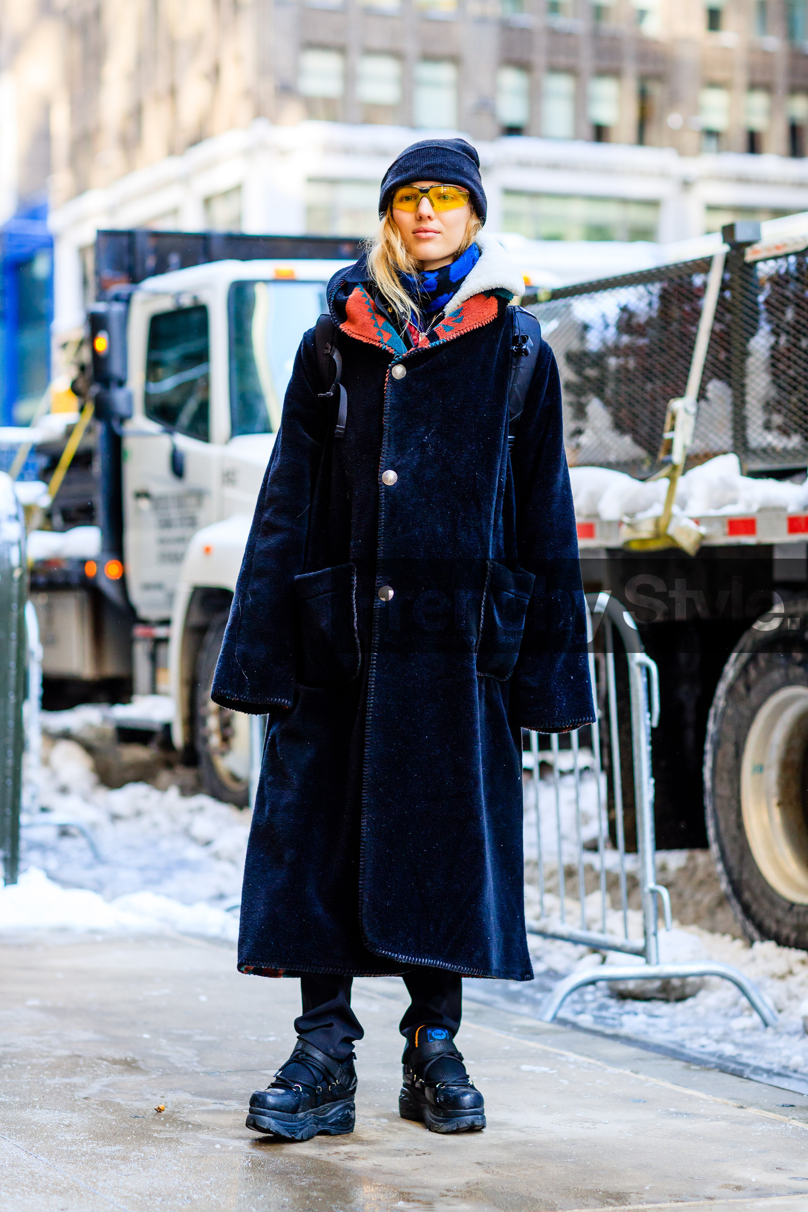 AUTUMN WINTER 2017-2018, AW 17-18, black beanie, black boots, black coat, black fur coat, FALL WINTER 2017-2018, fashion week, frenchystyle, full length, fur jacket, FW, FW 17-18, jonathan paciullo, leather boots, model, NEW YORK, NYFW, street style, sunglasses, vertical, wedges