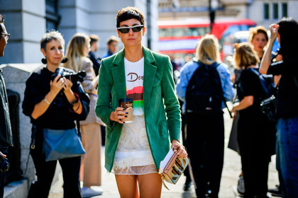 beige bag, blazer, corduroy, embroidered skirt, eva geraldine fontanelli, feathers, green jacket, leather bag, printed t shirt, sunglasses, white skirt, white t shirt, fashion week, frenchystyle, FW, jonathan paciullo, street style, LFW, LONDON, SPRING SUMMER 2019, SS 19, atmosphere details, horizontal, detail
