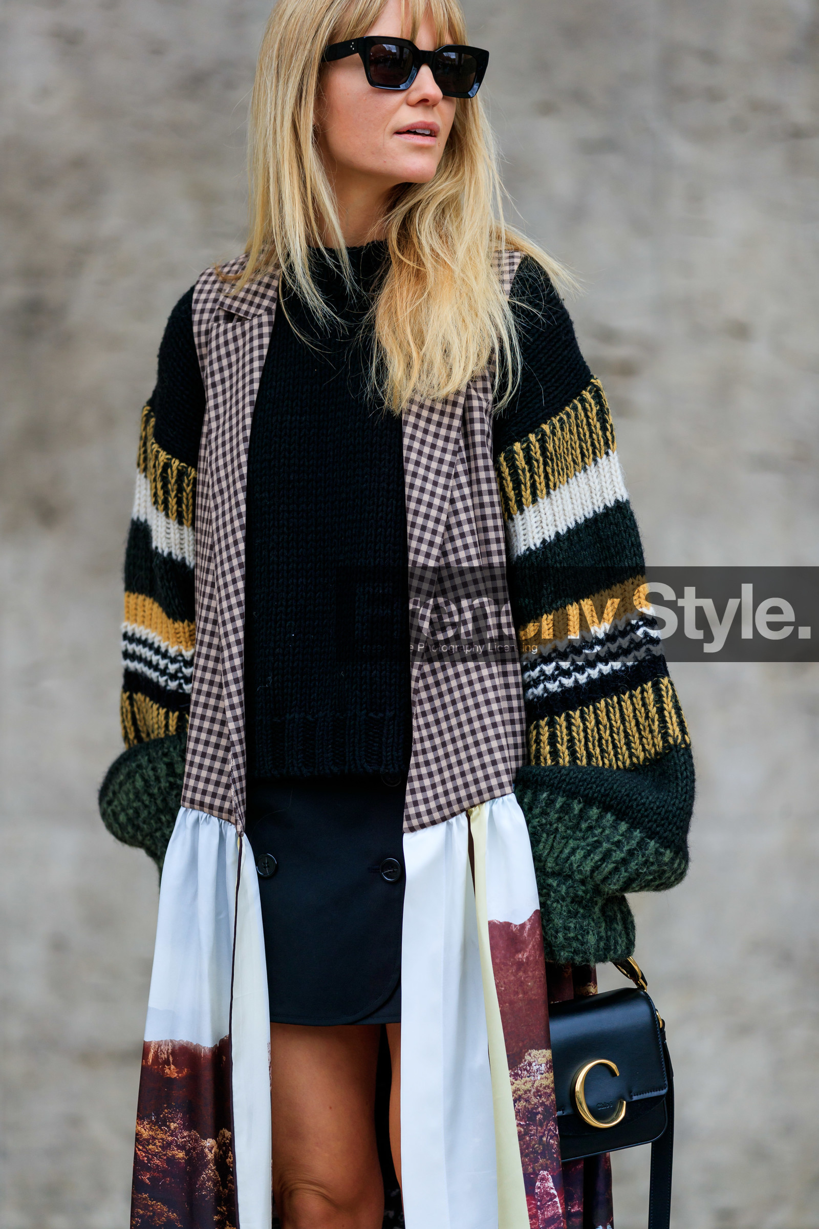black bag, black skirt, black sweater, checked, chloé, gingham, graphic jacket, jeanette madsen, leather bag, multicolor jacket, plaid, printed jacket, stripes, sunglasses, PARIS, PFW, street style, jonathan paciullo, FW, frenchystyle, fashion week, AUTUMN WINTER 2019-2020, AW 19-20, FALL WINTER 2019-2020, FW 19-20, vertical, atmosphere details, detail
