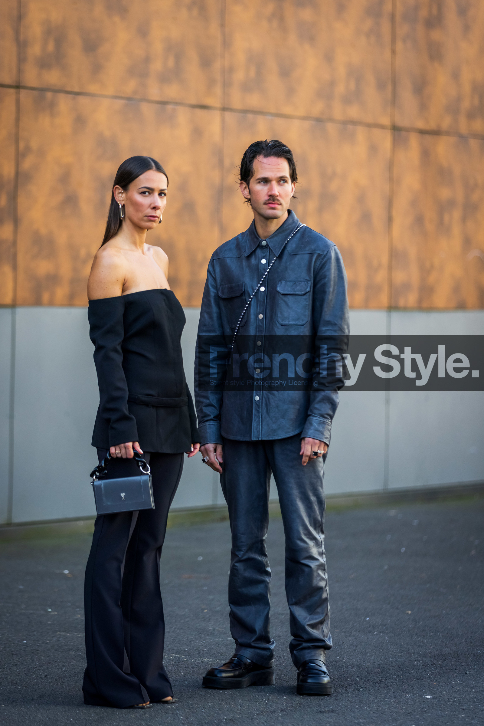 Alice Barbier, ami bag, bag, black derbies, black pants, chain bag, couple, derbies, duo, grey pants, grey shirt, Jean-Sebastien Roques, menswear, off shoulder top, pants, shirt, top, street style, jonathan paciullo, FW, frenchystyle, fashion week, PFW, PARIS, SPRING SUMMER 2022, SS 22, vertical, full length