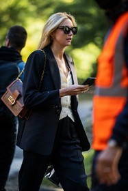 bag, black blazer, black pants, black suit, black sunglasses, blazer, brown bag, Jane McFarland, leather bag, logo print, louis vuitton bag, pants, printed bag, suit, sunglasses, waistcoat, white waistcoat, street style, jonathan paciullo, FW, frenchystyle, fashion week, PFW, PARIS, SPRING SUMMER 2022, SS 22, vertical, atmosphere details