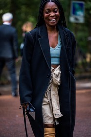 beige skirt, black coat, blue crop top, coat, crop top, Rajni Lucienne Jacques, skirt, street style, jonathan paciullo, FW, frenchystyle, fashion week, PFW, PARIS, SPRING SUMMER 2022, SS 22, vertical, atmosphere details