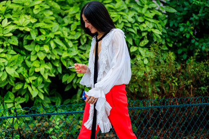 atmosphere details, black scarf, detail, fashion week, frenchystyle, FW, gilda ambrosio, horizontal, jonathan paciullo, PARIS, PFW, red pants, ruffle, SPRING SUMMER 2017, SS 17, street style, trousers, white shirt