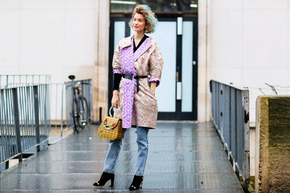 atmosphere details, AUTUMN WINTER 2017-2018, AW 17-18, black belt, black shoes, blue denim, checked bag, chinese print, denim pants, dyed hair, earrings, FALL WINTER 2017-2018, fashion week, floral, flower, frenchystyle, full length, FW, FW 17-18, graphic bag, horizontal, japanese print, jeans, jonathan paciullo, leather bag, leather belt, leather shoes, PARIS, PFW, pink jacket, plaid, printed bag, printed jacket, street style, tartan, trousers, yellow bag, zanita whittington