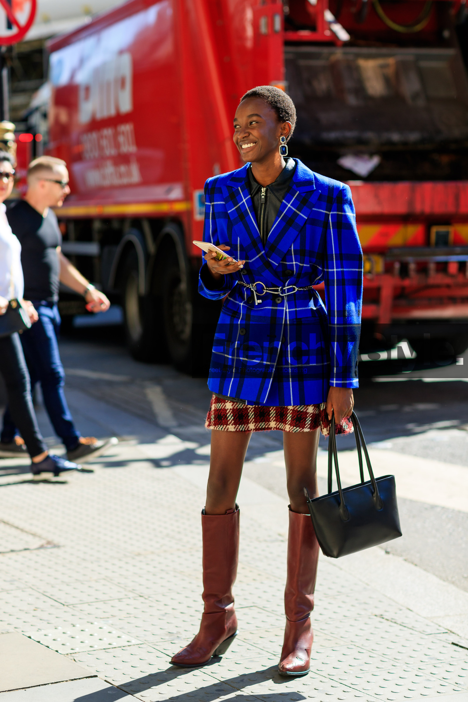 black bag, black shirt, blazer, blue jacket, bordeaux, burgundy, checked, earrings, graphic jacket, graphic skirt, high boots, high heels, leather bag, leather shirt, leather shoes, model, plaid, printed jacket, printed skirt, red boots, red skirt, tartan, fashion week, frenchystyle, FW, jonathan paciullo, street style, LFW, LONDON, SPRING SUMMER 2019, SS 19, vertical, full length