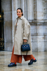 laure heriard dubreuil, light beige trench coat, camel pullover, camel pants, black leather bag, hand bag, hermes bag, kelly hermes bag, fashion week, frenchystyle, FW, jonathan paciullo, street style, PFW, PARIS, vertical, full length