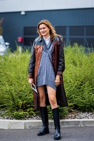 black boots, boots, brown coat, coat, dress, Eugénie Trochu, grey dress, knitted dress, leather coat, patchwork, wool dress, PARIS, PFW, fashion week, frenchystyle, FW, jonathan paciullo, street style, SPRING SUMMER 2022, SS 22, vertical, full length