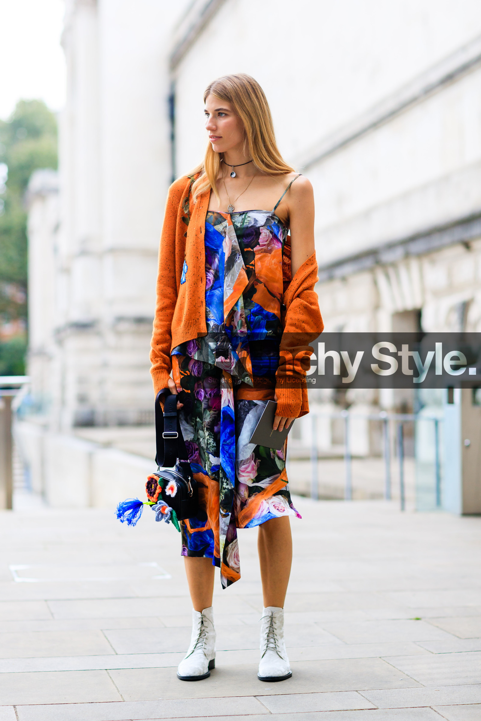 choker, embroidered bag, fashion week, floral, flower, frenchystyle, full length, FW, jonathan paciullo, leather shoes, LFW, LONDON, multicolor dress, necklace, orange sweater, printed dress, SPRING SUMMER 2017, SS 17, street style, veronika heilbrunner, vertical, white boots, woman