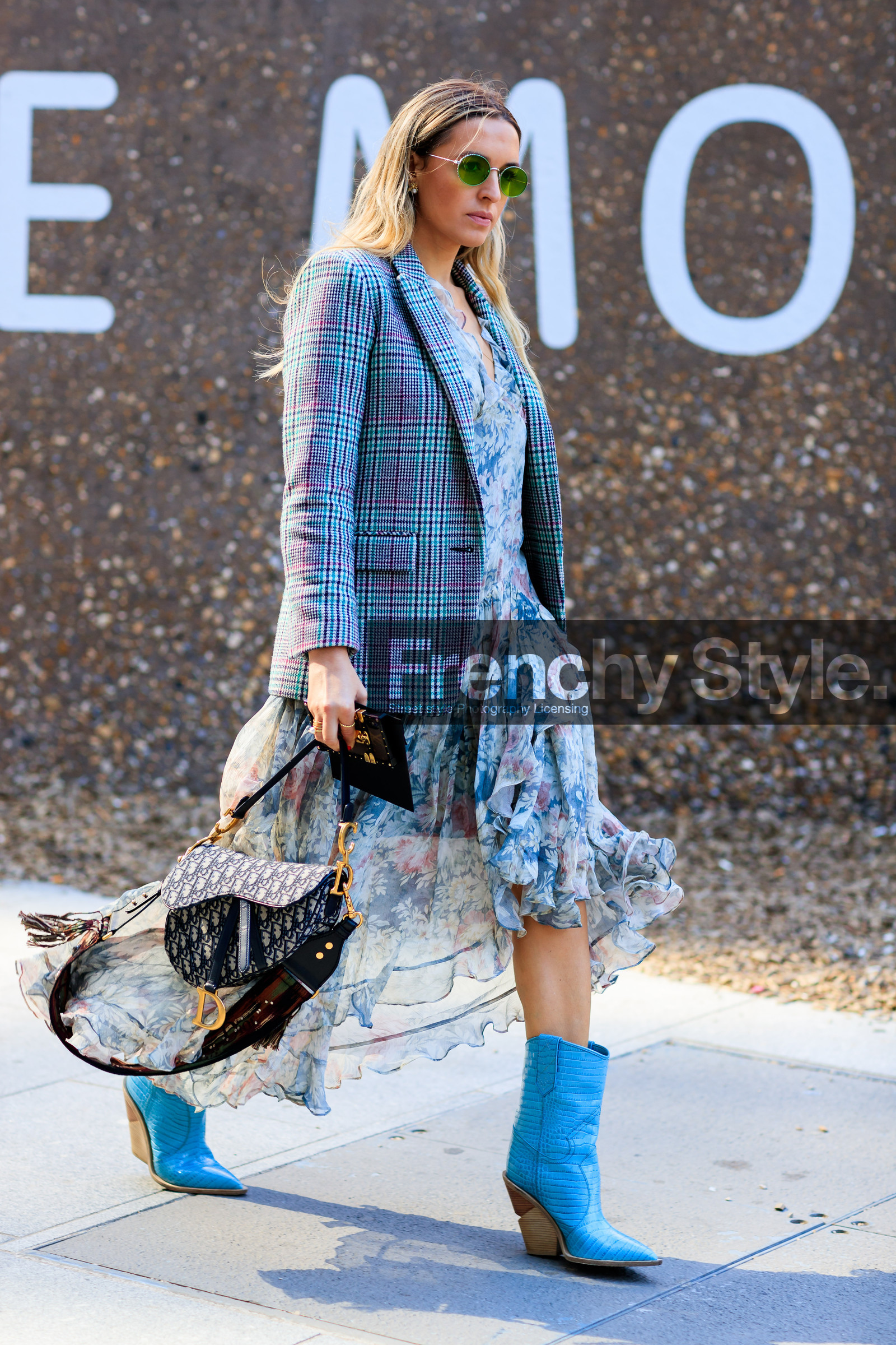 black bag, blazer, blue boots, checked, christian dior, cowboy boots, floral, flowers, graphic bag, graphic dress, graphic jacket, grey jacket, high heels, leather bag, leather shoes, monogram, plaid, printed bag, printed dress, printed jacket, saddle bag, sunglasses, tartan, fashion week, frenchystyle, FW, jonathan paciullo, street style, LFW, LONDON, SPRING SUMMER 2019, SS 19, vertical, full length
