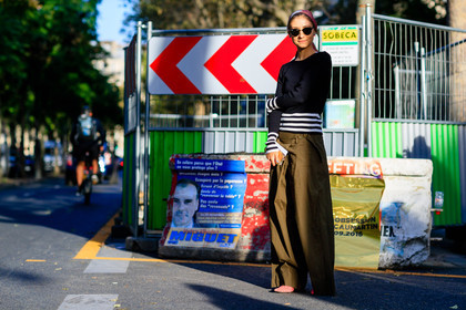 atmosphere details, fashion week, frenchystyle, full length, FW, green pants, headband, horizontal, jenny walton, jonathan paciullo, navy sweater, PARIS, PFW, red scarf, SPRING SUMMER 2017, SS 17, street style, striped top, sunglasses, trousers, wide pants