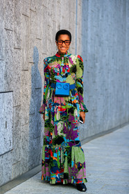 black shoes, blue bag, fanny pack, floral, flowers, graphic dress, green dress, leather bag, leather shoes, multicolor dress, printed dress, short hair, sunglasses, tamu mcpherson, fashion week, frenchystyle, FW, jonathan paciullo, street style, MFW, MILAN, SPRING SUMMER 2019, SS 19, vertical, full length