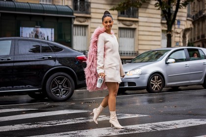 beige boots, boots, coat, dress, fringes, lanvin look, Lena Mahfouf, pastel, pink coat, pink dress, starbuck, statement coat, fashion week, frenchystyle, FW, jonathan paciullo, street style, PFW, PARIS, SPRING SUMMER 2022, SS 22, atmosphere details, full length, horizontal