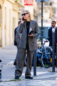 black mocassins, black sunglasses, black top, blazer, check, flare pants, gold necklace, grey blazer, grey pants, grey suit, pants, printed blazer, printed pants, suit, sunglasses, tartan blazer, tartan pants, tartan print, street style, jonathan paciullo, FW, frenchystyle, fashion week, PFW, PARIS, SPRING SUMMER 2022, SS 22, vertical, full length