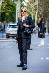 bag, black bag, black blazer, black derbies, black pants, black shoes, black sunglasses, black waistcoat, derbies, leather shoes, Natalia Verza, pants, rectangle sunglasses, sequin, smartphone, sunglasses, versace sunglasses, waistcoat, white shirt, fashion week, frenchystyle, FW, jonathan paciullo, street style, PFW, PARIS, SPRING SUMMER 2022, SS 22, vertical, full length