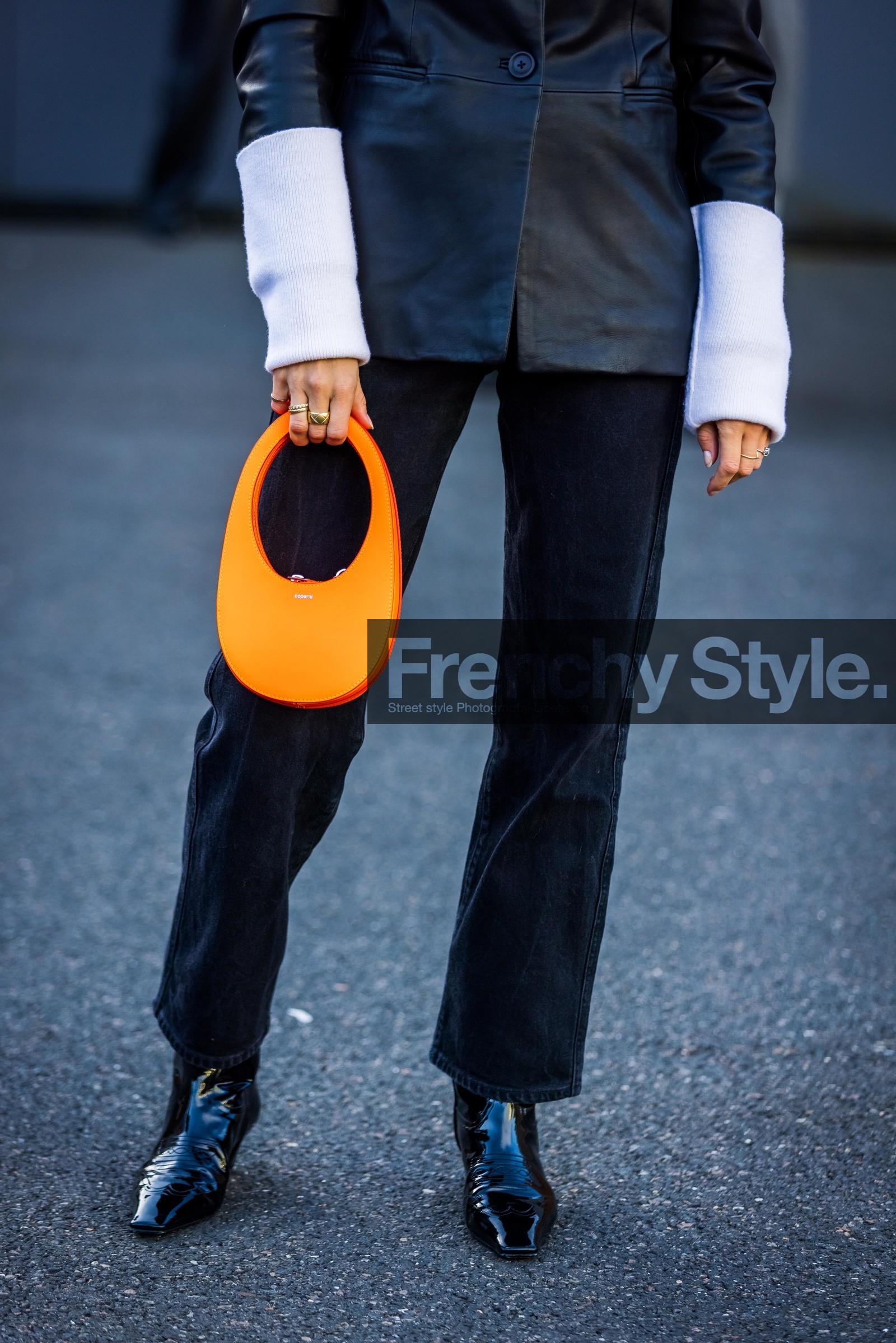 bag, black boots, black denim, black jacket, boots, close up, coperni bag, detail, fluo orange, leather bag, orange bag, pants, patent boots, street style, jonathan paciullo, FW, frenchystyle, fashion week, PFW, PARIS, SPRING SUMMER 2022, SS 22, vertical, atmosphere details