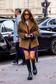 black boots, boots, brown coat, Christine Centenera, chunky boots, coat, dress, leather boots, purple dress, sunglasses, fashion week, frenchystyle, FW, jonathan paciullo, street style, PFW, PARIS, SPRING SUMMER 2022, SS 22, vertical, full length