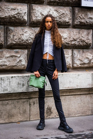 bag, black and white, black blazer, black boots, black pants, blazer, boots, green bag, green pouch, leather boots, loewe bag, pants, pleated top, pouch, striped pants, stripes, top, white top, street style, jonathan paciullo, FW, frenchystyle, fashion week, PFW, PARIS, SPRING SUMMER 2022, SS 22, vertical, full length, model