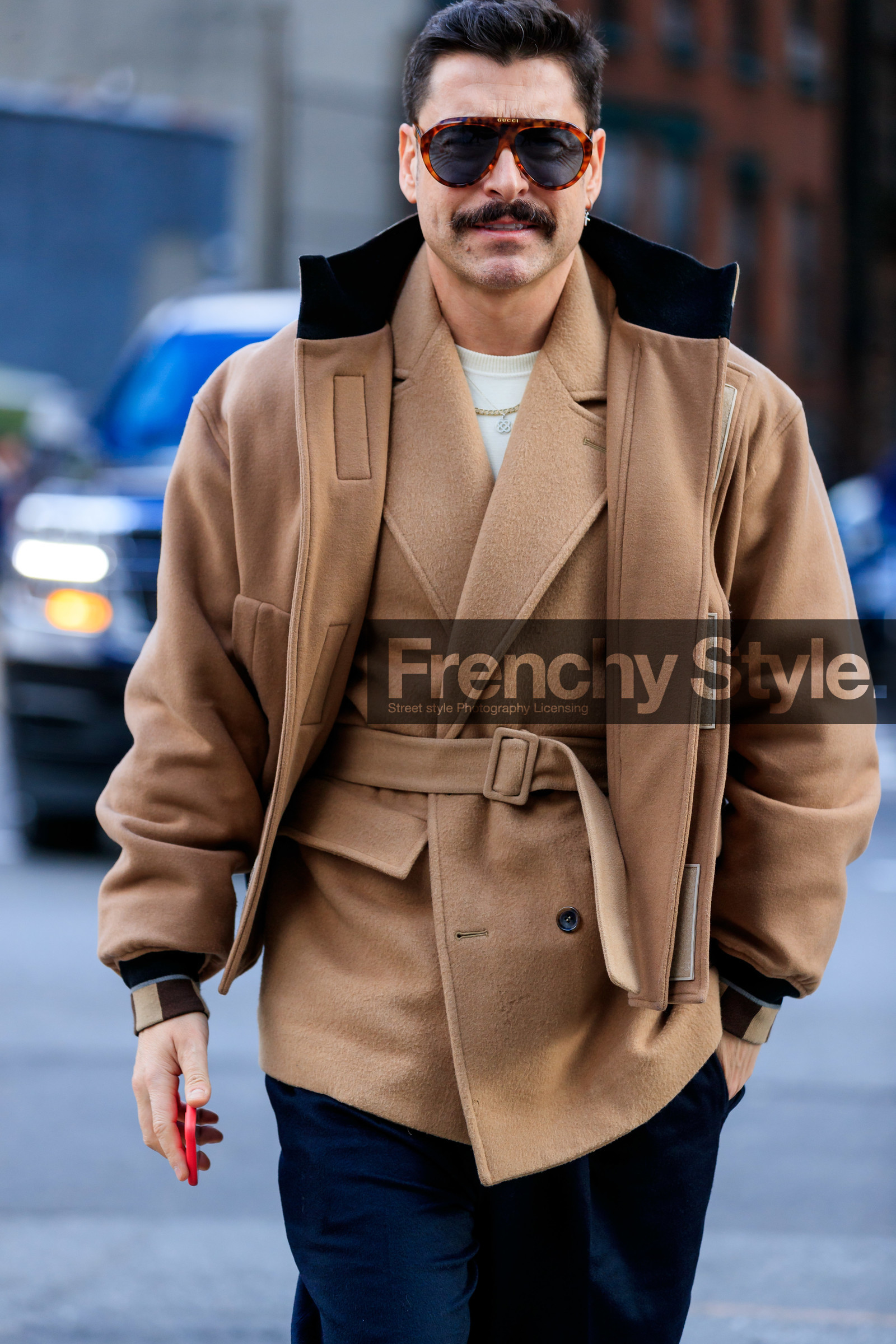 alex badia, gucci sunglasses, aviator sunglasses, scale sunglasses, beige coat, beige bombers, woolen jacket, belted jacket, fashion week, frenchystyle, FW, jonathan paciullo, street style, AUTUMN WINTER 2020-2021, FALL WINTER 2020-2021, FW 20-21, vertical, atmosphere details, detail, NYFW, NEW YORK
