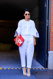 fashion week, frenchystyle, full length, FW, graphic bag, high heels, jonathan paciullo, leather bag, leather shoes, louis vuitton, MFW, MILAN, printed bag, red bag, SPRING SUMMER 2018, SS 18, street style, sunglasses, supreme, trousers, vertical, white pants, white shirt, white shoes