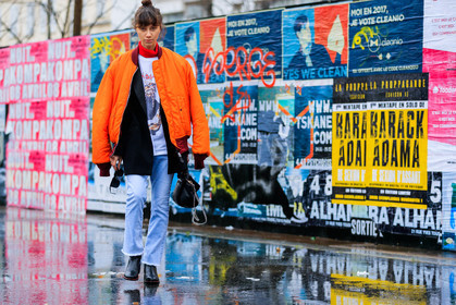 atmosphere details, AUTUMN WINTER 2017-2018, AW 17-18, black bag, black jacket, black shoes, blazer, blue denim, bomber jacket, bun, denim pants, FALL WINTER 2017-2018, fashion week, frenchystyle, full length, FW, FW 17-18, horizontal, jeans, jonathan paciullo, leather bag, leather shoes, orange jacket, over the shoulder, PARIS, PFW, printed t shirt, street style, trousers, white t shirt