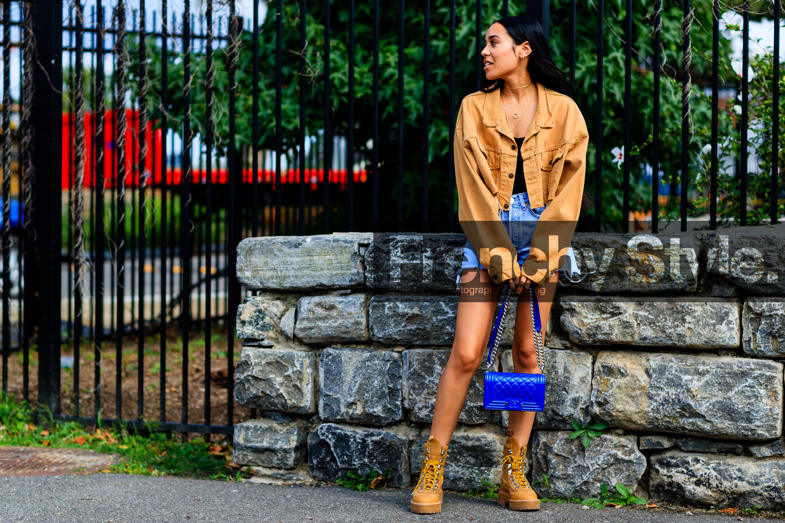 aleali may, atmosphere details, beige boots, beige jacket, black top, blue bag, blue denim, boy bag, caterpillar, chanel, denim jacket, denim shorts, fashion week, frenchystyle, full length, FW, horizontal, jonathan paciullo, leather bag, levi's, levi's strauss, NEW YORK, NYFW, SPRING SUMMER 2017, SS 17, street style, suede shoes, woman