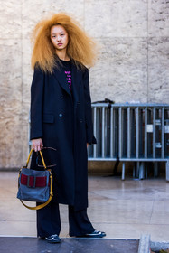 bag, black coat, black pants, black sneakers, coat, frizzy hair, grey bag, hairstyle, long coat, long hair, pants, red hair, suede bag, street style, jonathan paciullo, FW, frenchystyle, fashion week, PFW, PARIS, SPRING SUMMER 2022, SS 22, vertical, full length, model