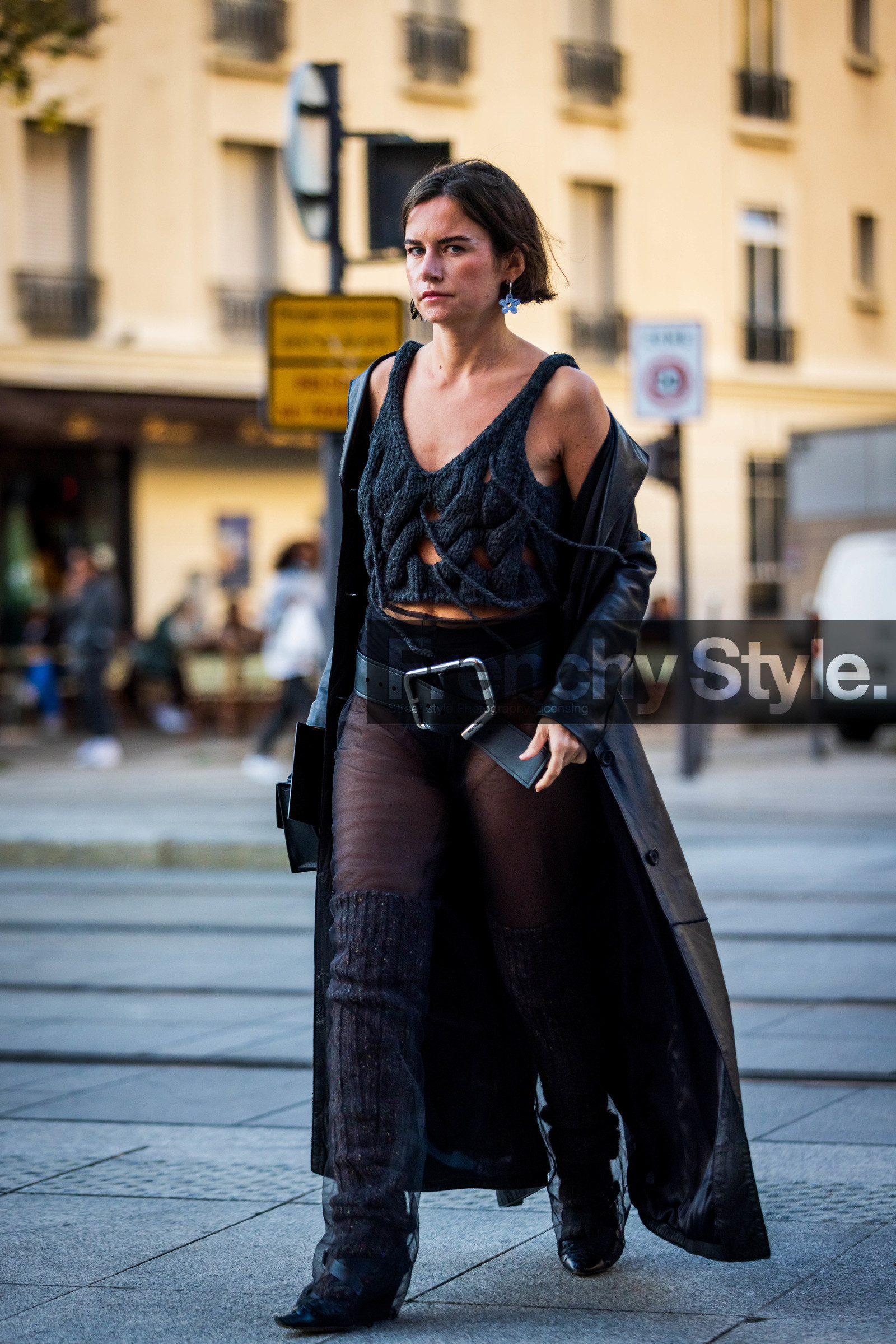 acne studios looks, belt, black belt, black boots, black coat, coat, fringes, grey knitwear, knitwear, large belt, leather coat, long coat, Marta Cygan, socks, transparent, wool socks, street style, jonathan paciullo, FW, frenchystyle, fashion week, PFW, PARIS, SPRING SUMMER 2022, SS 22, vertical, full length