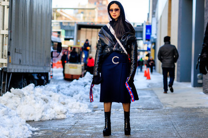 atmosphere details, AUTUMN WINTER 2017-2018, AW 17-18, black boots, black jacket, black perfecto, black sweater, blue skirt, camera, FALL WINTER 2017-2018, fashion week, frenchystyle, full length, FW, FW 17-18, high heels, hoodie, horizontal, jonathan paciullo, leather boots, leather jacket, leather perfecto, NEW YORK, NYFW, street style, sunglasses, vêtements, white bag