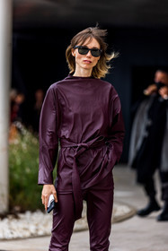 Anya Ziourova, belted top, black sunglasses, burgundy pants, burgundy top, leather pants, leather top, pants, sunglasses, top, PARIS, PFW, fashion week, frenchystyle, FW, jonathan paciullo, street style, SPRING SUMMER 2022, SS 22, vertical, atmosphere details