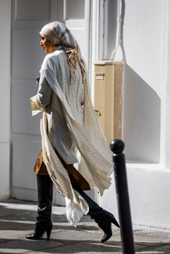 beige scarf, blouse, boots, brown skirt, dots, leather boots, printed blouse, printed scarf, scarf, scarf hairstyle, skirt, white dress, street style, jonathan paciullo, FW, frenchystyle, fashion week, PFW, PARIS, SPRING SUMMER 2022, SS 22, vertical, full length