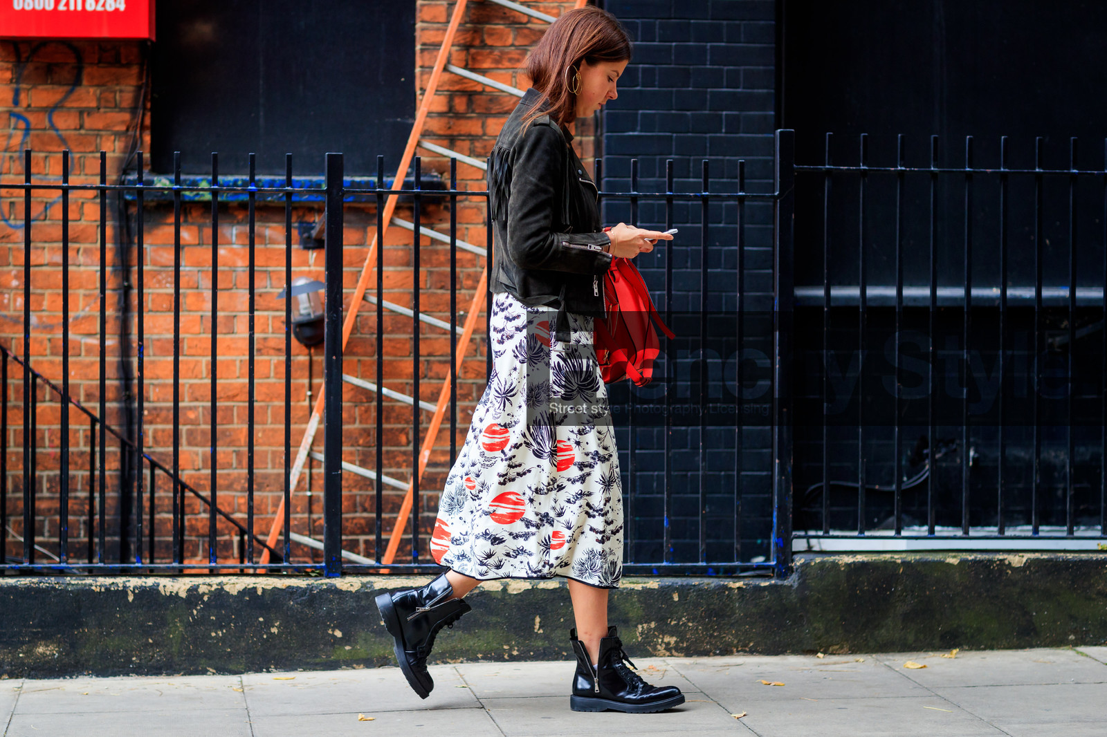 atmosphere details, black jacket, black perfecto, black shoes, blazer, earrings, fashion week, floral, flowers, frenchystyle, full length, FW, graphic dress, horizontal, japanese print, jonathan paciullo, leather bag, leather jacket, leather perfecto, leather shoes, LFW, loewe, LONDON, printed dress, red bag, SPRING SUMMER 2018, SS 18, street style