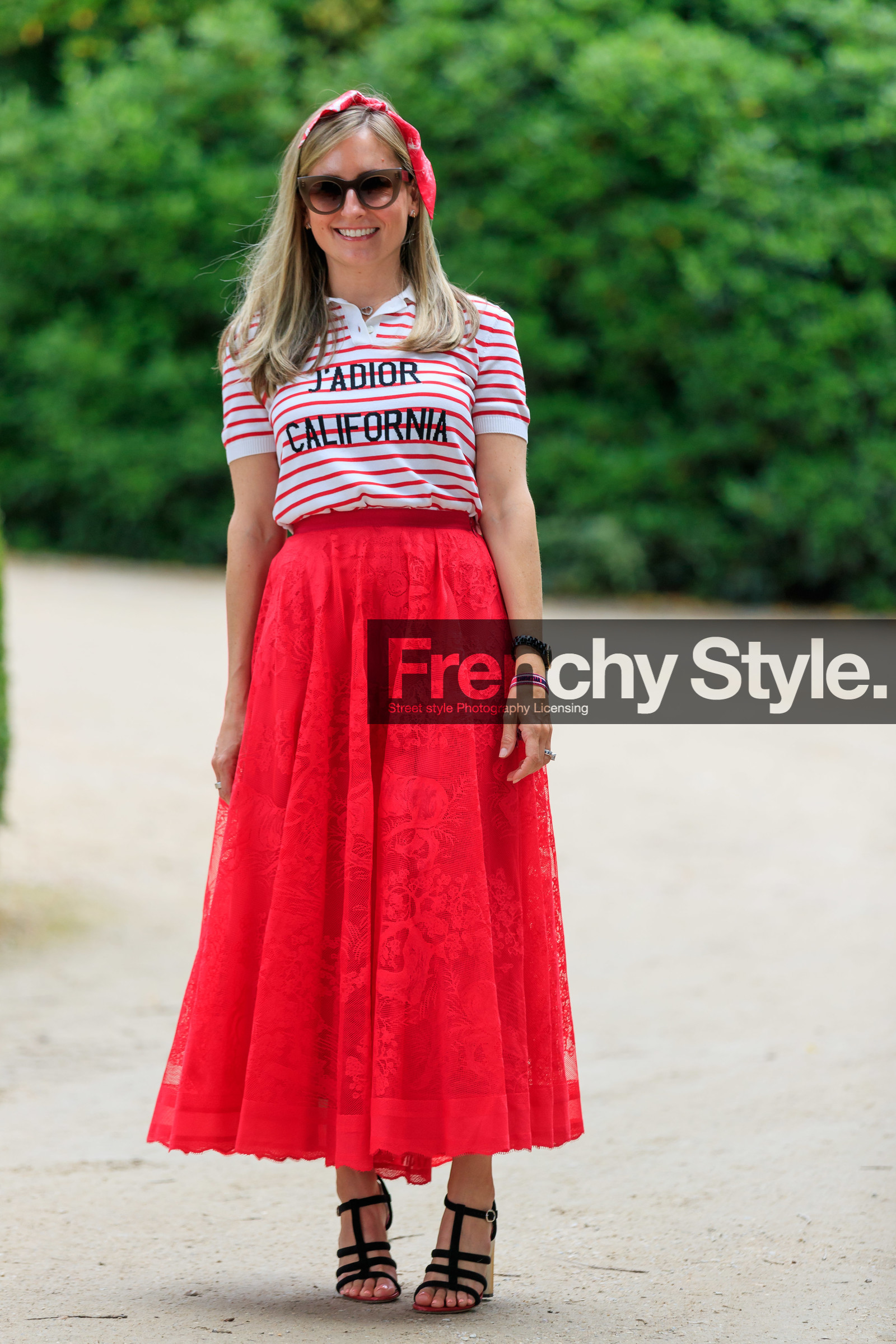 dior skirt, dior total look, long skirt, silk skirt, red skirt, lace skirt, black sandals, suede sandals, multi straps sandals, striped t-shirt, red t-shirt, white t-shirt, letter printed t-shirt, logo printed t-shirt, short sleeves t-shirt, dior t-shirt, hair scarf, bandana, bandana scarf, red scarf, dior bracelet, lucky charm bracelet, fashion week, frenchystyle, FW, jonathan paciullo, street style, PFW, PARIS, AUTUMN WINTER 2021-2022, FALL WINTER 2021-2022, FW 21-22, vertical, full length