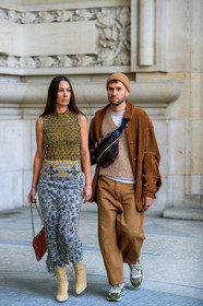 alice & j.s, beige hat, beige shoes, beige sweater, blue skirt, brown jacket, camel pants, corduroy, fanny pack, fendi, graphic skirt, green sneakers, high heels, leather bag, leather shoes, metallic dress, monogram, paco rabanne, printed skirt, red bag, see through, trousers, yellow sweater, PARIS, PFW, street style, jonathan paciullo, FW, frenchystyle, fashion week, AUTUMN WINTER 2019-2020, AW 19-20, FALL WINTER 2019-2020, FW 19-20, vertical, full length