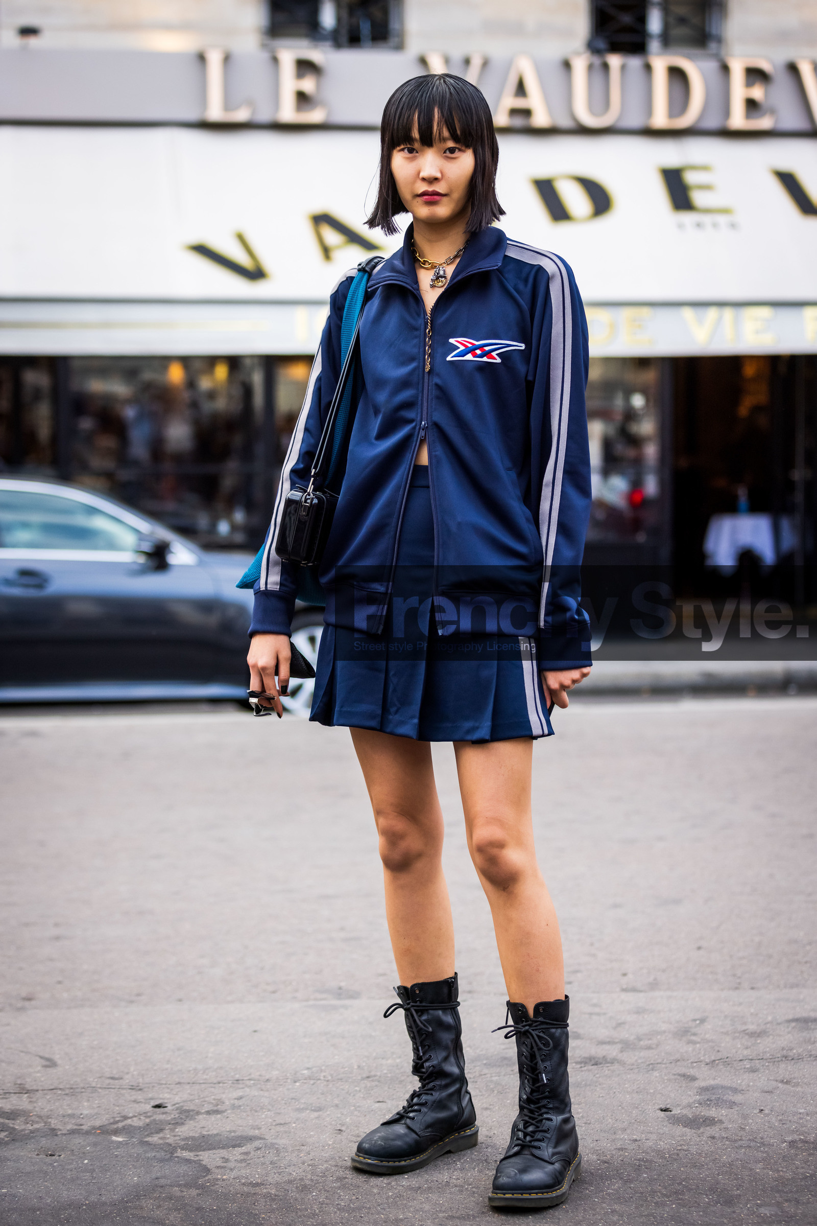 bag, black bag, black boots, boots, jacket, lace up boots, leather boots, navy jacket, navy skirt, necklace, pleated skirt, short skirt, skirt, sport jacket, stripes, zipped jacket, street style, jonathan paciullo, FW, frenchystyle, fashion week, PFW, PARIS, SPRING SUMMER 2022, SS 22, vertical, full length, model