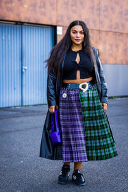 bag, belt, black belt, black coat, black crop top, black sneakers, coat, crop top, electric blue bag, green skirt, leather coat, long skirt, Paloma Elsesser, patchwork, print, printed skirt, purple skirt, skirt, sneakers, tartan print, street style, jonathan paciullo, FW, frenchystyle, fashion week, PFW, PARIS, SPRING SUMMER 2022, SS 22, vertical, full length, model