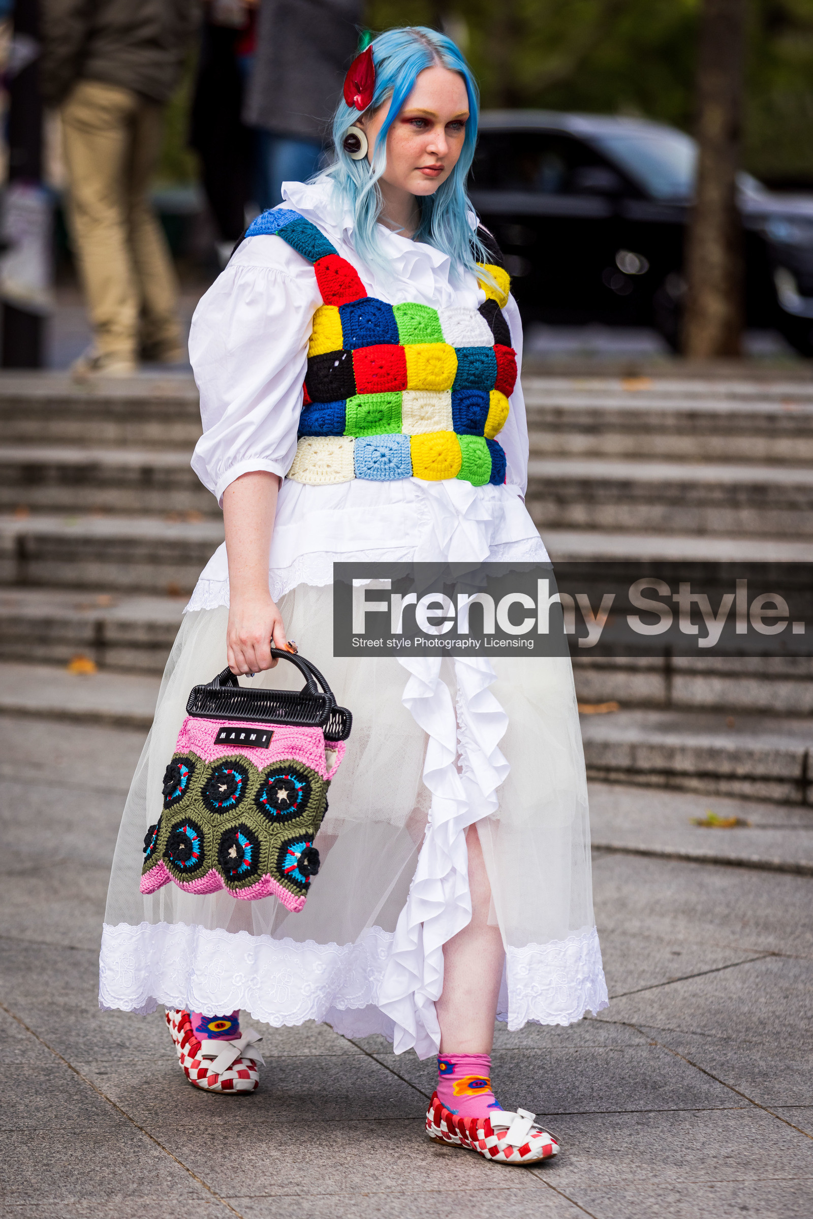 bag, ballon sleeves, blue hairstyle, crochet, crochet bag, dress, embroidery, flats, hairstyle, Kristen Bateman, marni bag, multicolor, pink socks, red ballerines, ruffles, socks, white ballerines, white dress, fashion week, frenchystyle, FW, jonathan paciullo, street style, PFW, PARIS, SPRING SUMMER 2022, SS 22, vertical, full length