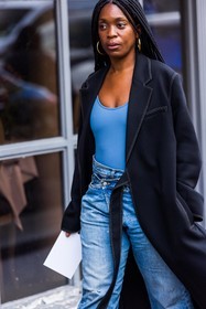 black coat, blue denim, blue jean, blue top, coat, denim, jean, Rajni Lucienne Jacques, hoops, gold hoops, double waist, fashion week, frenchystyle, FW, jonathan paciullo, street style, PFW, PARIS, SPRING SUMMER 2022, SS 22, vertical, atmosphere details