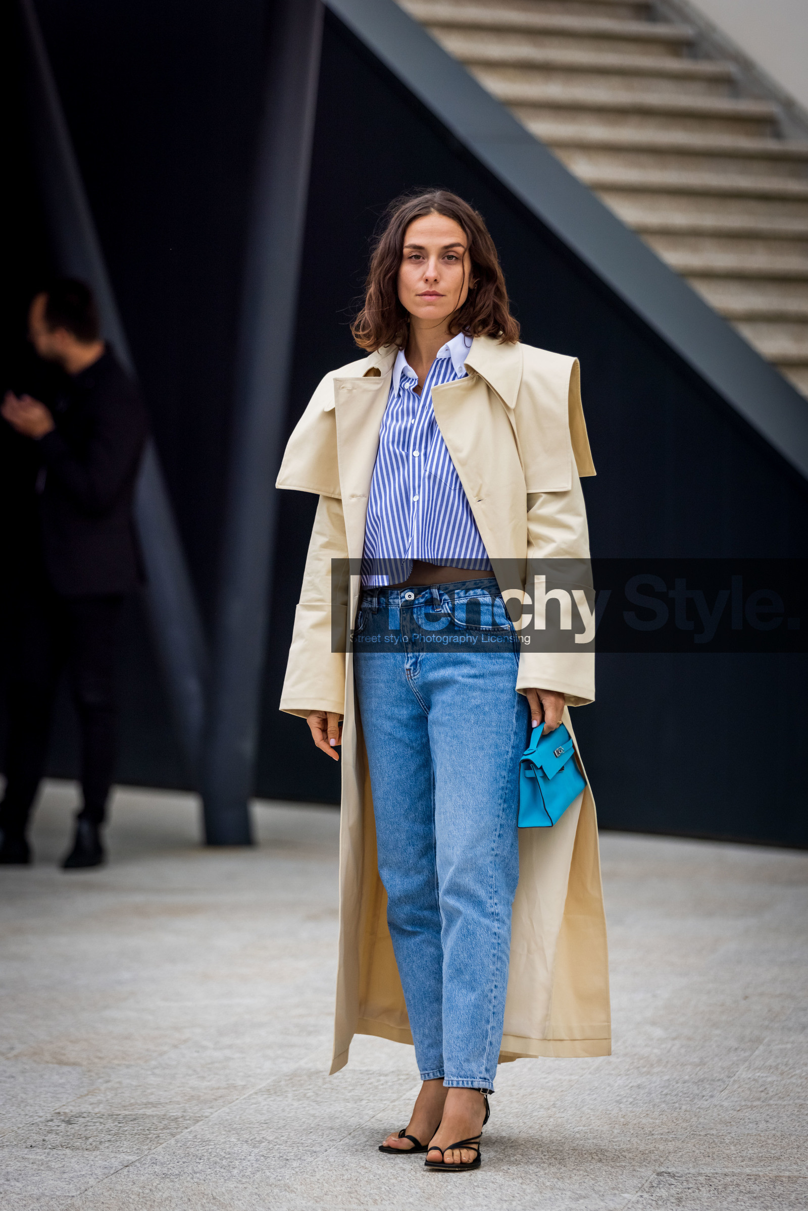 bag, beige coat, black sandals, blue bag, blue denim, blue jean, blue shirt, coat, denim, Erika Boldrin, hermes bag, jean, kelly bag, sandals, shirt, small bag, striped shirt, stripes, street style, jonathan paciullo, FW, frenchystyle, fashion week, PFW, PARIS, SPRING SUMMER 2022, SS 22, vertical, full length