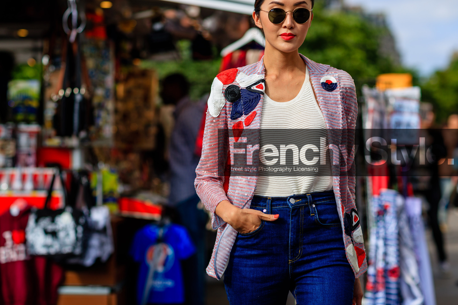 atmosphere details, AUTUMN WINTER 2016-2017, AW 16-17, blue denim, Chriselle Lim, denim pants, detail, embroidered jacket, embroideries, FALL WINTER 2016-2017, fashion week, frenchystyle, FW, FW 16-17, HAUTE COUTURE, horizontal, jeans, jonathan paciullo, MENSWEAR, PARIS, patchwork, PFW, pink jacket, ray ban, sequined, sequined jacket, shiny, street style, sunglasses, trousers, white tank top, white top