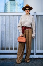 valentina siragusa, light grey pullover, camel hat, red leather belt, animal printed belt, leopard printed belt, camel leather bag, studs details bag, kaki pants, carrot pants, loose pants, belted pants, houndstooth printed pants, silk pants, satin pants, green sunglasses, square shape glasses, fashion week, frenchystyle, FW, jonathan paciullo, street style, MFW, MILAN, AUTUMN WINTER 2020-2021, FALL WINTER 2020-2021, FW 20-21, vertical, full length