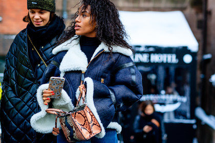 atmosphere details, AUTUMN WINTER 2017-2018, AW 17-18, beige bag, black beanie, black jacket, blue denim, denim skirt, detail, FALL WINTER 2017-2018, fashion week, fendi, frenchystyle, fur collar, FW, FW 17-18, gabby prescod, horizontal, jonathan paciullo, leather bag, leather jacket, NEW YORK, NYFW, patchwork, shearling, snake print, street style, white fur