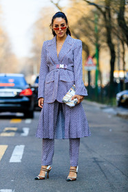 belt, blazer, blue jacket, blue pants, blue skirt, blue suit, brown shoes, checked, fendi, glitter, graphic bag, leather bag, leather shoes, plaid, pleated skirt, printed bag, sequined bag, shiny bag, sunglasses, trousers, white bag, MILAN, MFW, fashion week, frenchystyle, FW, jonathan paciullo, street style, AUTUMN WINTER 2019-2020, AW 19-20, FALL WINTER 2019-2020, FW 19-20, vertical, full length