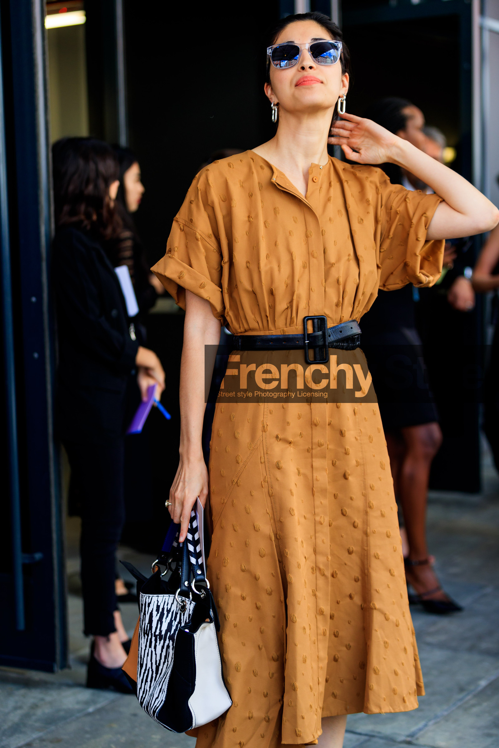 atmosphere details, black and white bag, black belt, camel dress, caroline issa, detail, fashion week, frenchystyle, FW, jonathan paciullo, leather bag, leather dress, NEW YORK, NYFW, SPRING SUMMER 2018, SS 18, street style, sunglasses, vertical, zebra