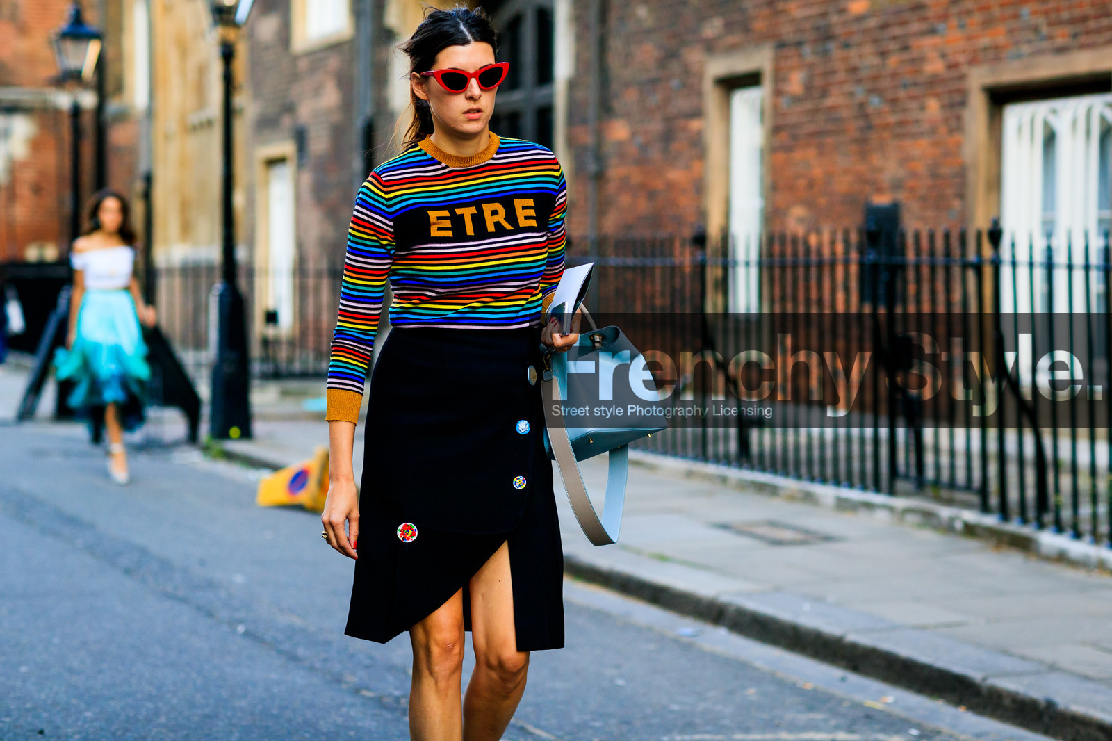 black skirt, blue bag, leather bag, message, multicolor sweater, striped sweater, sunglasses, turquoise, fashion week, frenchystyle, FW, jonathan paciullo, street style, LFW, LONDON, SPRING SUMMER 2019, SS 19, atmosphere details, horizontal, detail