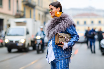 atmosphere details, AUTUMN WINTER 2017-2018, AW 17-18, beige bag, blue denim, denim pants, detail, earrings, FALL WINTER 2017-2018, fashion week, frenchystyle, fur scarf, FW, FW 17-18, geometric, graphic jacket, graphic pants, grey fur, grey scarf, gucci, horizontal, jeans, jonathan paciullo, leather bag, MFW, MILAN, monogram, printed bag, printed jacket, printed pants, street style, striped jacket, striped pants, stripes, sunglasses, trousers, white shirt, zina charkoplia