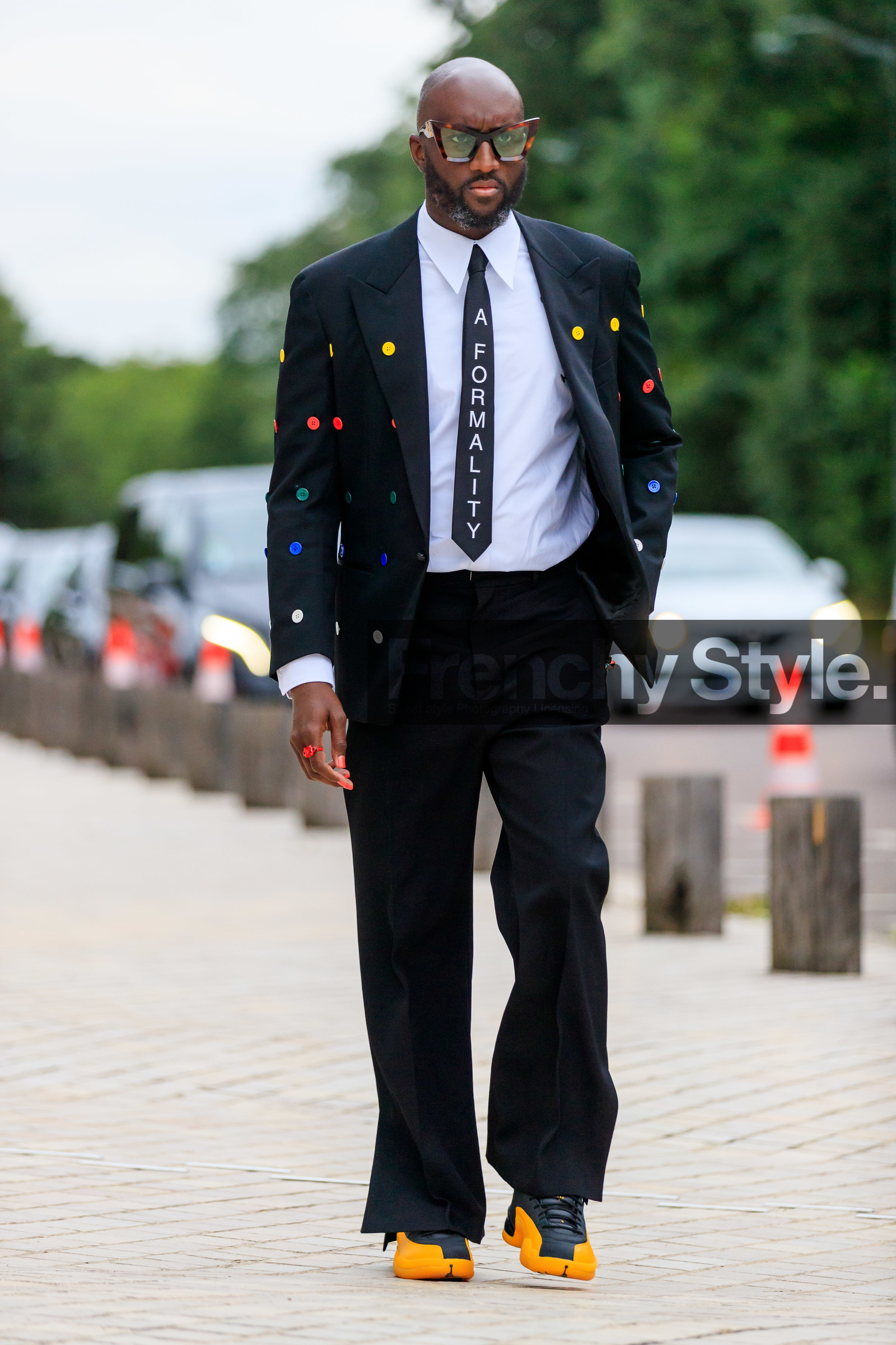 black jacket, black suits, black tie, black pants, white shirt, button details, button jacket, multicolor jacket, polka dots jacket, letter printed tie, scale sunglasses, louis vuitton sunglasses, black sneackers, yellow sneakers, virgil abloh, fashion week, frenchystyle, FW, jonathan paciullo, street style, PFW, PARIS, AUTUMN WINTER 2021-2022, FALL WINTER 2021-2022, FW 21-22, vertical, full length
