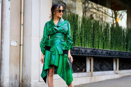 atmosphere details, AUTUMN WINTER 2017-2018, AW 17-18, Chriselle Lim, detail, FALL WINTER 2017-2018, fashion week, frenchystyle, FW, FW 17-18, green jacket, green skirt, horizontal, jonathan paciullo, leather jacket, leather skirt, PARIS, PFW, snake print, street style, sunglasses, tone on tone, total look green