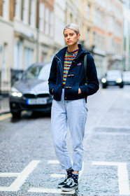 black sneakers, blue denim, denim pants, dyed hair, fashion week, frenchystyle, full length, FW, jeans, jonathan paciullo, LFW, LONDON, navy jacket, parka, SPRING SUMMER 2017, SS 17, street style, striped top, trousers, vans, vertical, woman
