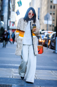 AUTUMN WINTER 2016-2017, AW 16-17, beige, beige fur, beige pants, beige sweater, brown, camel, camel bag, fashion week, frenchystyle, full length, fur coat, fur jacket, FW, FW 16-17, iphone, jonathan paciullo, leather bag, natural, NEW YORK, NYFW, orange, orange bag, street style, striped jacket, stripes, sunglasses, tone on tone, total look beige, total look white, trousers, vertical, white fur, wide pants, woman, yellow, yuwei zhangzou